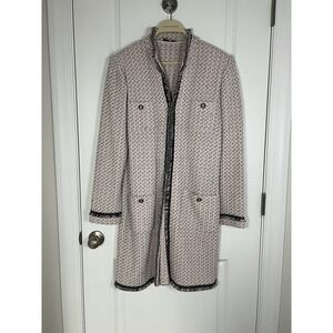 Women's Vintage St. John Collection Tweed Fringe Coat Size 12 Mid Length Pink